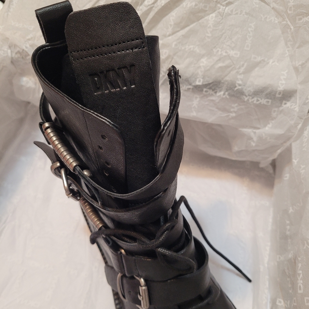 DKNY Black Buckled Combat Boots. Silver-Tone Metal Accents. 7. New. - Picture 12 of 13
